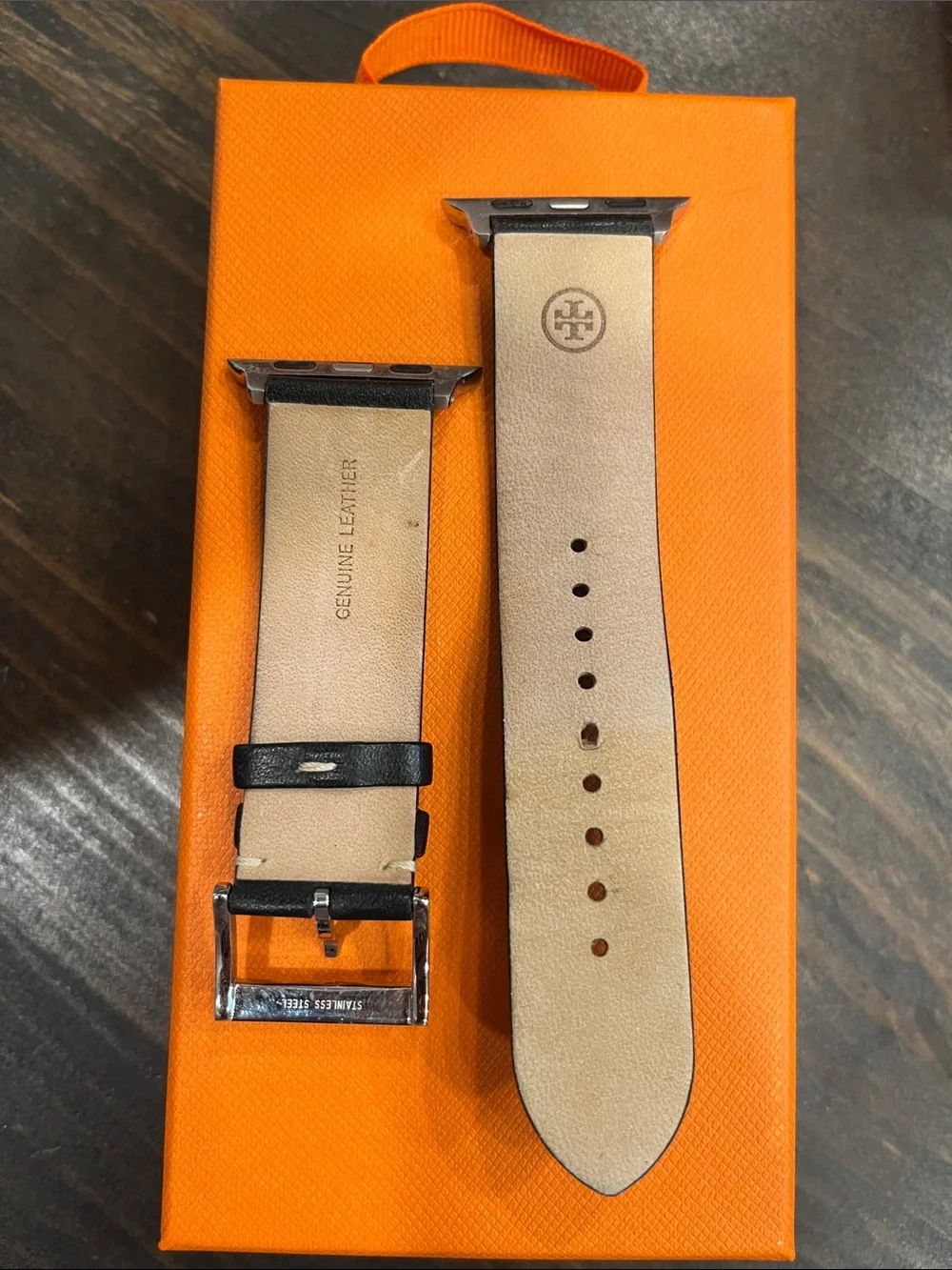 Tory Burch Black Leather Apple Watch Band with Silver Hardware